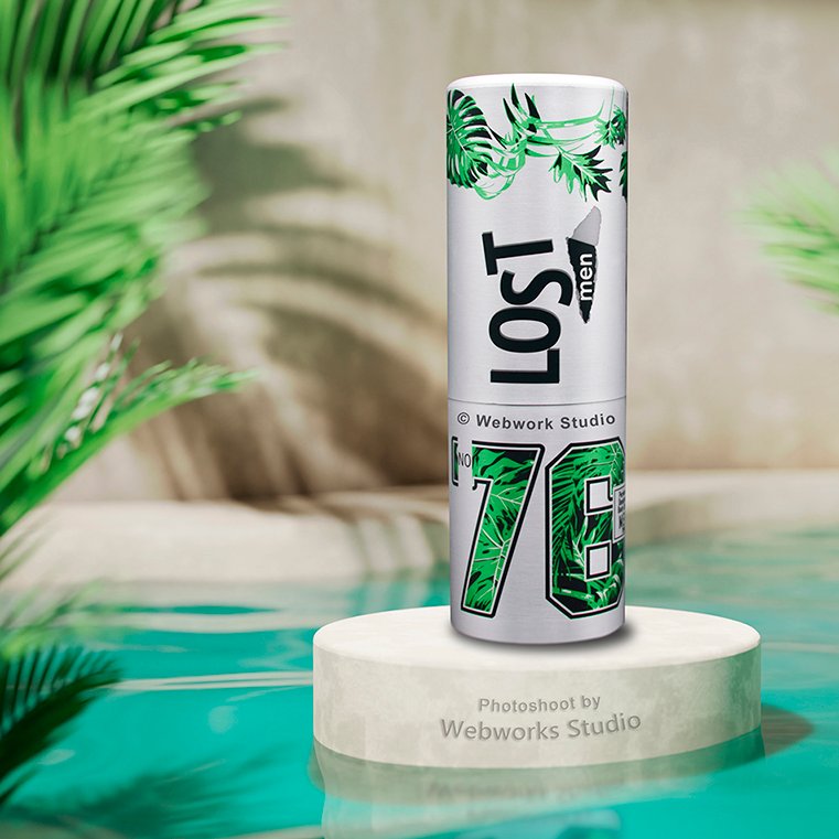 Tropical summer background with concrete podium in pool water and palm leaf shadow. Luxury hotel resort exterior for product placement. Cylinder stand in resort hotel villa poolside.